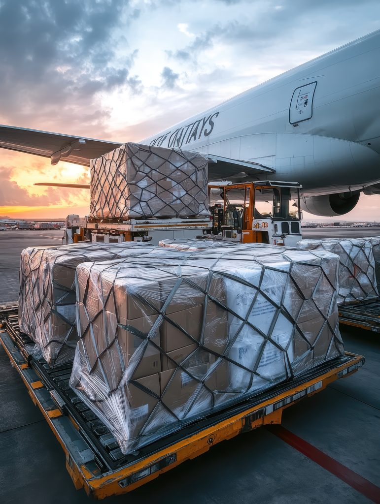 Air freight packages being loaded onto a cargo plane